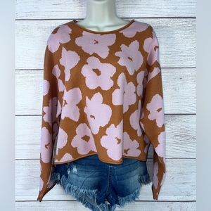Wishlist Cropped Floral Retro Daisy Rolled Hem Knit Sweater 💗
